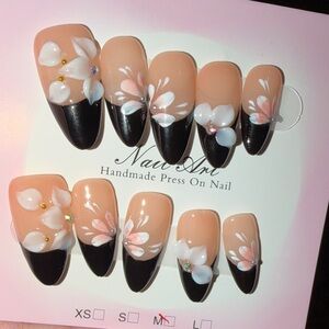 Handmade Nude & Black Floral Press-On Nails with White Petal Accents